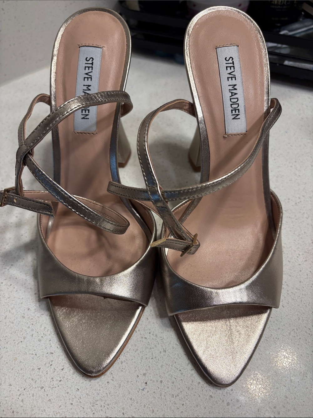Steve Madden Metallic Rose Gold Strappy Pointed-Toe Heels